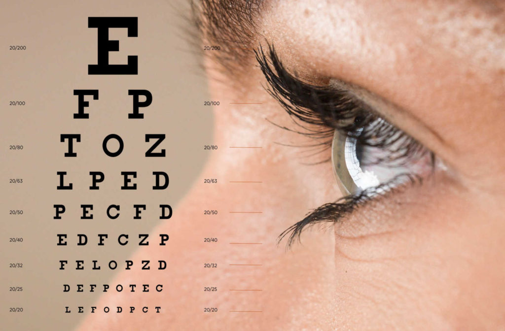 Close up profile angle of a woman's face with the text of an eye chart overlaid.